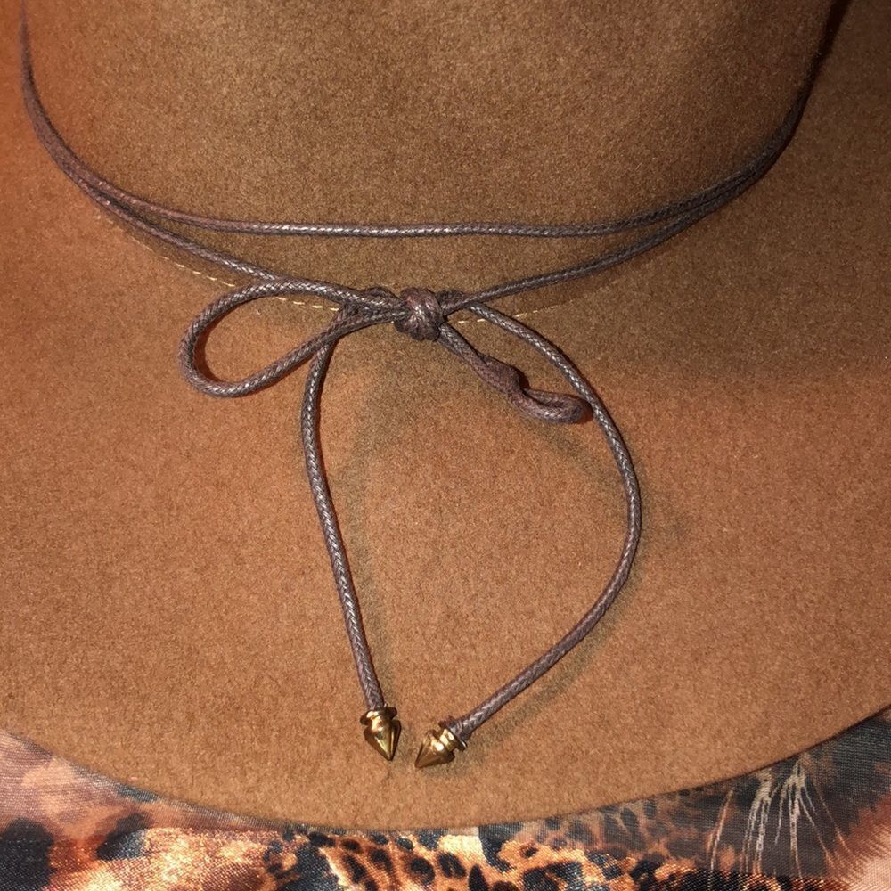 Wool Felt Brown Floppy Wide Brim Hat with waxed braided tie and brass charms - Picture 8 of 9